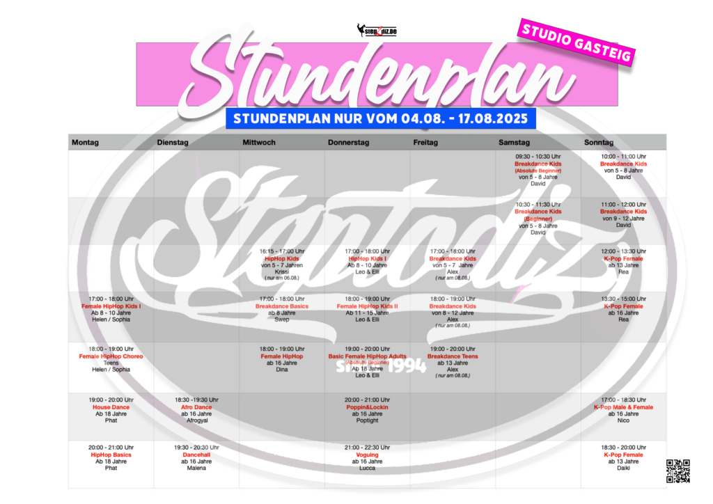 Sommerstundenplan - nur vom 04.08.  - 17.08.25