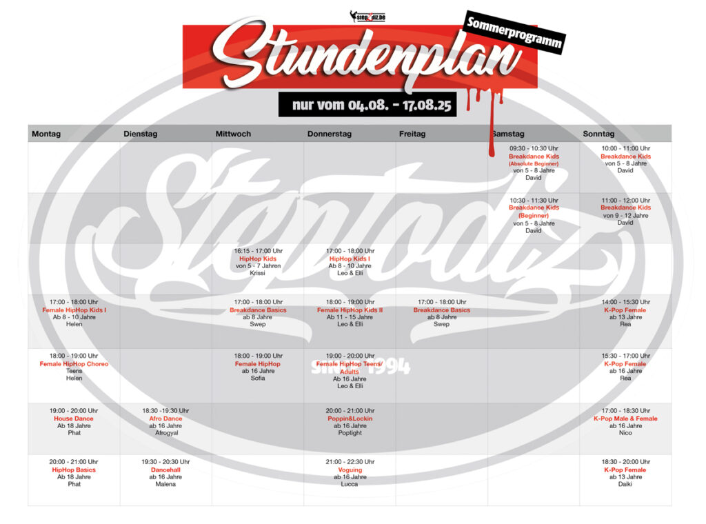 Sommerstundenplan - nur vom 04.08.  - 17.08.25